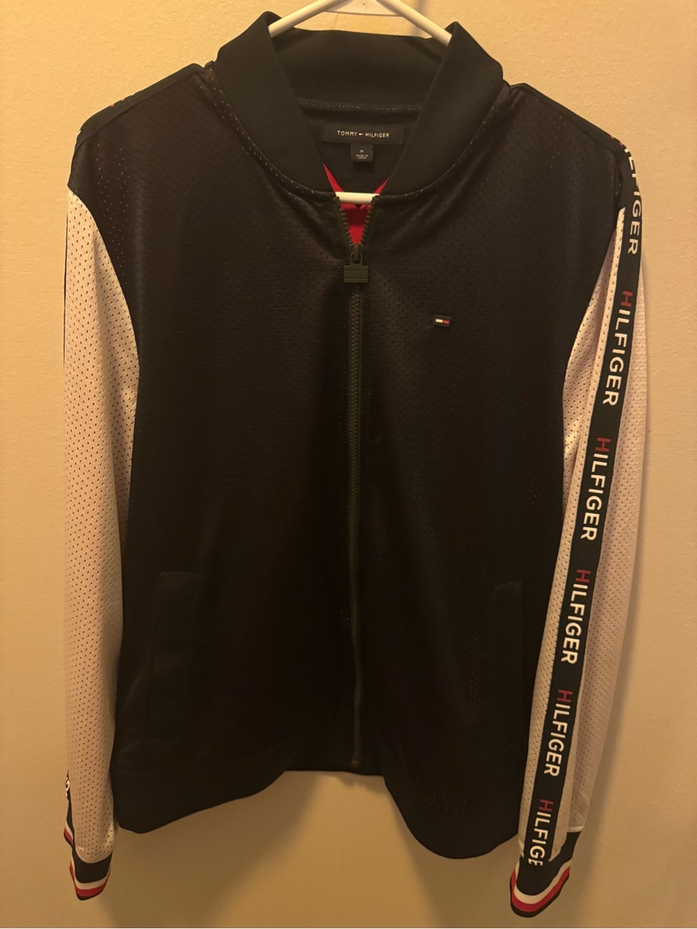 Tommy Hilfiger Navy and White Varsity Track Jacket with Branded Sleeve Tape